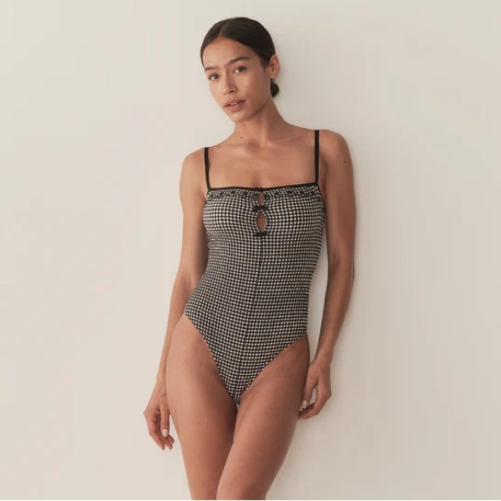 NWT Doen Adrielle Maillot Bow One Piece Swim Suit La Maddalena Gingham Black - Picture 2 of 15
